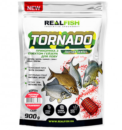 Прикормка REAL FISH гейзер Tornado Карп КЛУБНИКА ЗЕМЛЯНИКА 0,9 кг